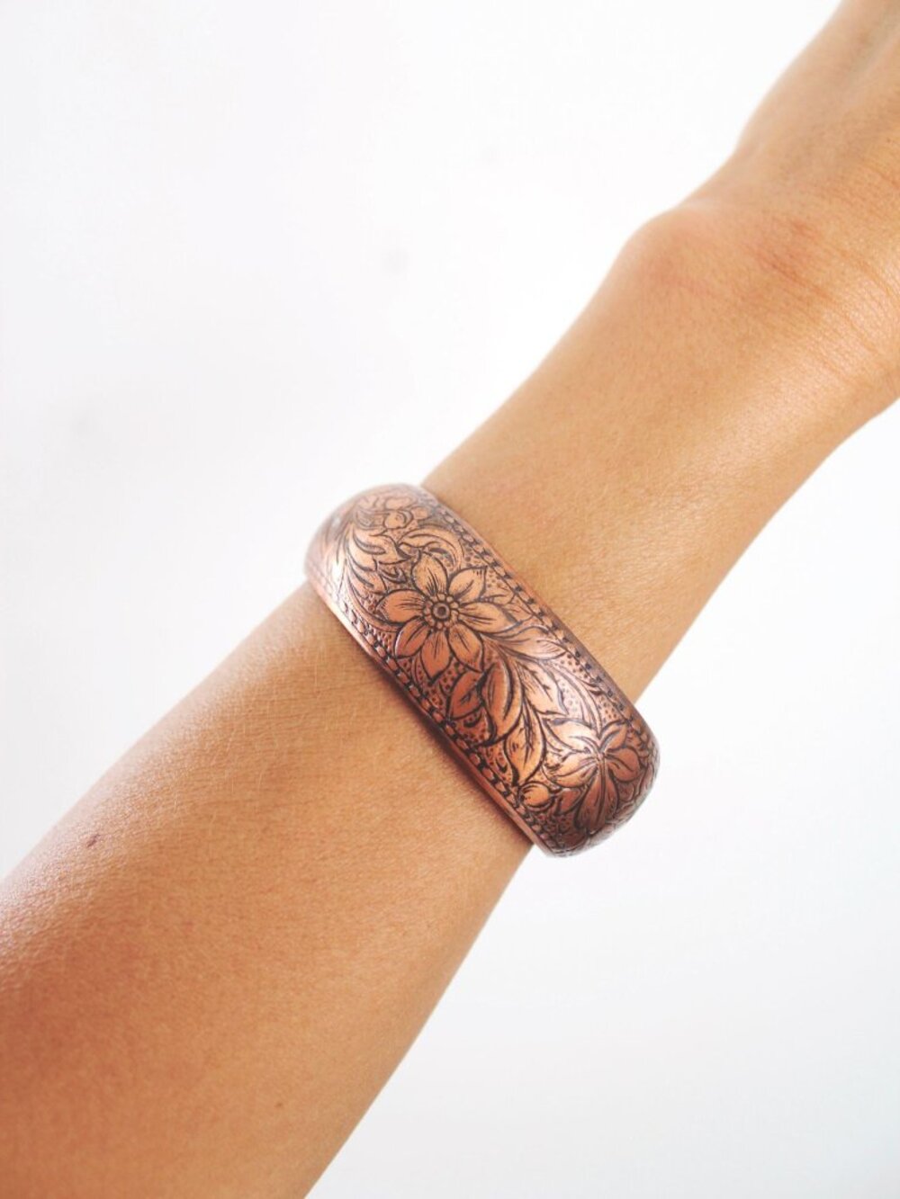 Vintage Embossed Solid Copper Floral Engraved Cuff Bracelet Boho Stackable Flora